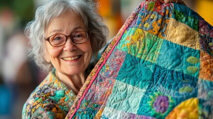 Smiling Senior Woman Showing Handmade Quilt - Close Up
