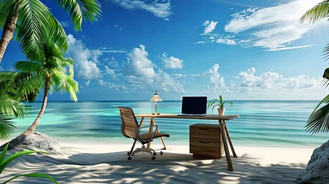 Computer desk with laptop standing on the sandy beach of a tropical island. The concept of remote work or the need for rest and a change of environment for office workers.