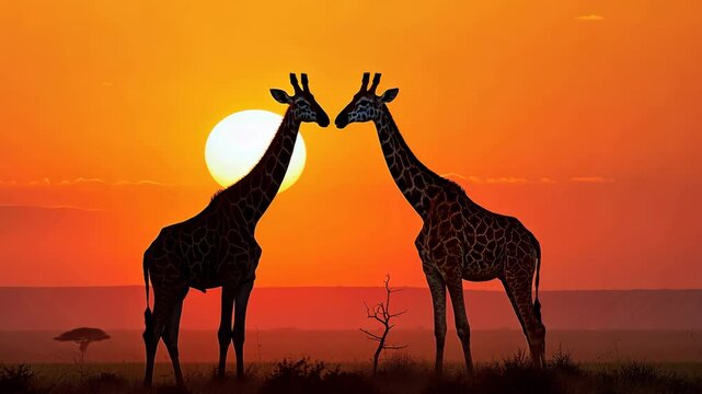 Giraffe couple stand in the savannah against the backdrop of the sunset. Two giraffes in national park with an African landscape in the background.