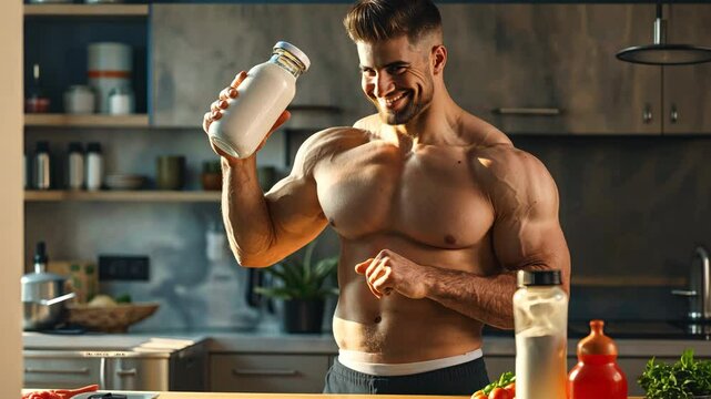 Shirtless muscular man holding a bottle of protein milk shake while standing in the kitchen after workout at the gym. Sports nutrition for athletes.