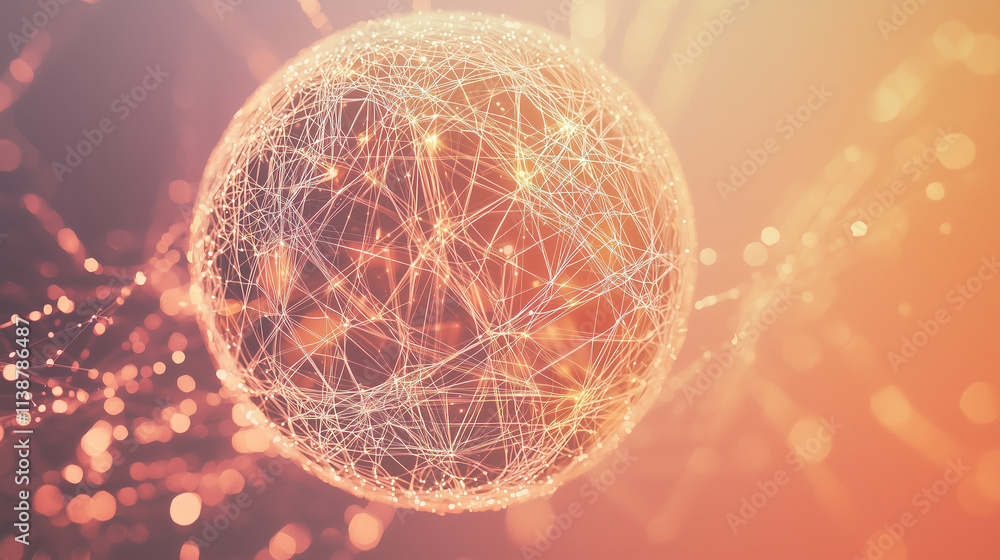 Poster abstract image depicting a sphere of interconnected nodes and lines, representing a global network o