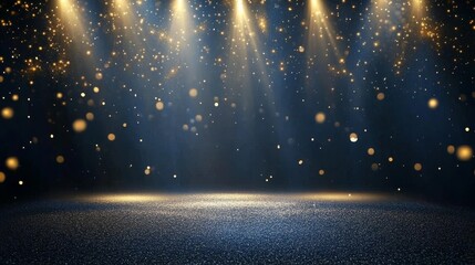 Dark blue stage with golden spotlight lines and glitter texture for award ceremony design. Realistic 3d abstract premium elegant glamour background template for anniversary or winner rewarding.
