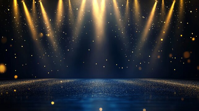 Dark blue stage with golden spotlight lines and glitter texture for award ceremony design. Realistic 3d abstract premium elegant glamour background template for anniversary or winner rewarding.