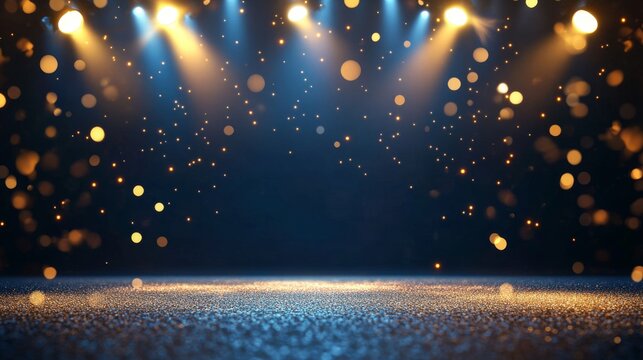 Dark blue stage with golden spotlight lines and glitter texture for award ceremony design. Realistic 3d abstract premium elegant glamour background template for anniversary or winner rewarding.