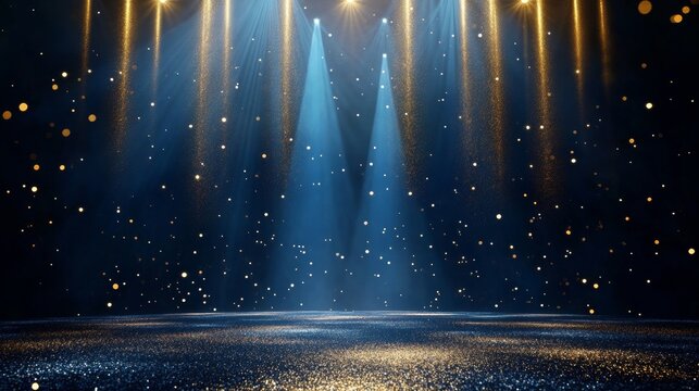 Dark blue stage with golden spotlight lines and glitter texture for award ceremony design. Realistic 3d abstract premium elegant glamour background template for anniversary or winner rewarding.