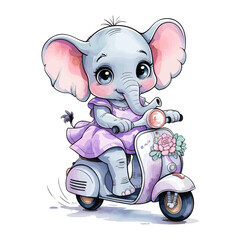 A charming watercolor illustration of a cute kawaii grey baby elephant wearing a light violet dress and riding a light violet scooter
adorned with flowers