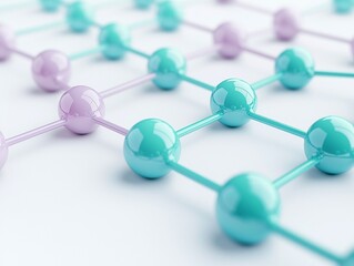 Obraz premium Interconnected nodes of vibrant spheres, stark white background, seamless communication concept