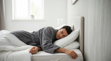Fototapeta premium A young man wearing grey bathrobe and sleeping peacefully in a nice bed room on a white bed