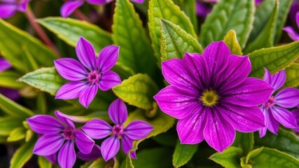Vibrant purple flower petals and leaves background, plant, fresh, colorful