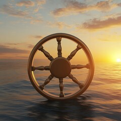 A large wooden ship's steering wheel at sunset, with a view of the ocean.

