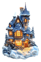 Fototapeta premium Charming winter cottage glowing warmly with lights, nestled in snow-covered landscape, creating a cozy atmosphere that evokes holiday cheer