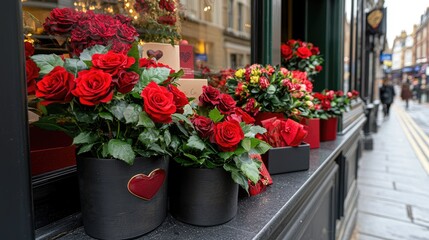Valentine's day celebration flower shop floral arrangement urban setting close-up view love and romance