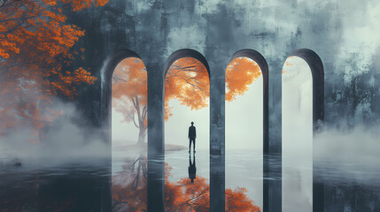 Surreal autumnal landscape, man standing in a reflective, cavernous structure with arched openings and misty trees. Cavernous. Illustration