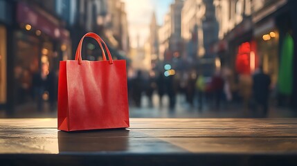 Red Shopping Bag Sits On Wooden Table City Background