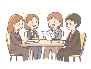Illustration of people in business attire sitting around a table, talking and holding documents art on a white background, with a simple design and cute style Generative AI