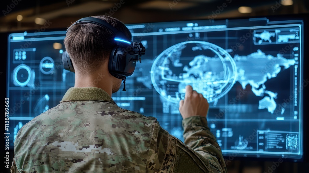 Poster soldier using futuristic tech, interactive world map display.