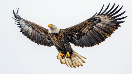 Fototapeta premium Realistic, grand American Bald Eagle soaring with outstretched wings, American flag flowing dramatically below, vertical orientation