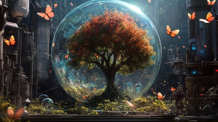 Obraz premium Bokeh photo of the earth above the sphere grows a tree and plants in the background formulas of science and robotics, laboratory tools, butterflies and colors 