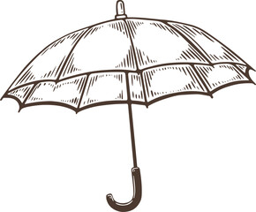 Open umbrella parasol rain sun protect engraving hand drawn illustration black white isolated vintage line art sketch silhouette graphic style poster label web © Iryna Nevruzova
