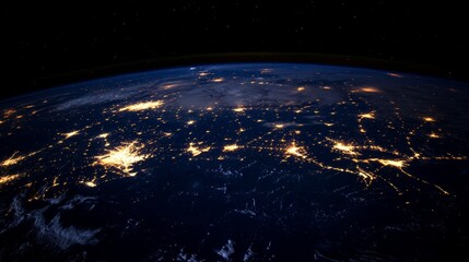 Fototapeta premium Night planet earth from space with light lines of communication and connection. Business and finance, concept. Global communications system and the World Wide Web. Technologies and communications.