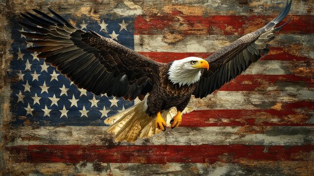 Realistic, striking Bald Eagle with sharp details soaring over a detailed U.S. flag, vertical orientation perfect for elections 