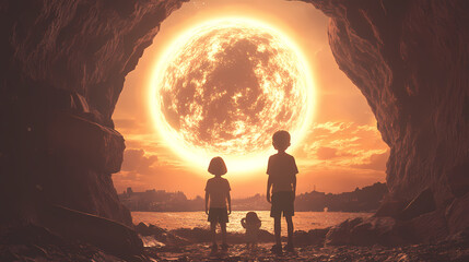 Fototapeta premium Two children stand in awe of a giant, glowing orb in the sky, viewed from a cavernous opening. Cavernous. Illustration