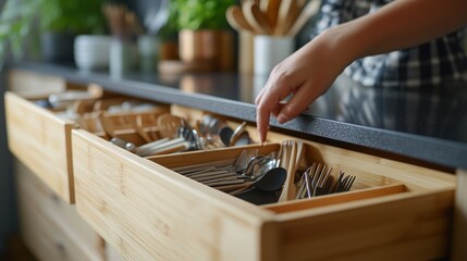 Organized kitchen drawer with silverware.  A hand reaching into a drawer filled with neatly arranged cutlery, dividers, and wooden utensil holders.  A clean and modern kitchen.