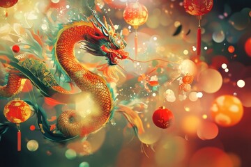 Obraz premium Majestic golden dragon amidst vibrant lanterns and bokeh.