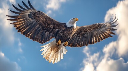 Obraz premium Realistic, majestic Bald Eagle soaring under a bright blue sky with a flowing American flag beneath, vertical orientation for elections