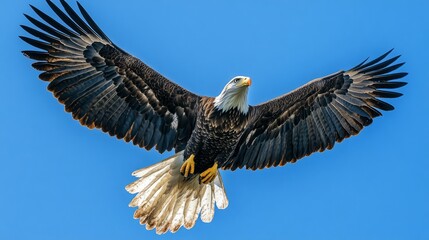 Naklejka premium Realistic, majestic Bald Eagle soaring under a bright blue sky with a flowing American flag beneath, vertical orientation for elections