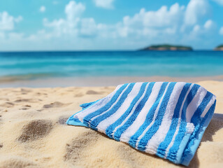 Obraz premium Relaxing Beach Scene with Blue Towel and Seaside View