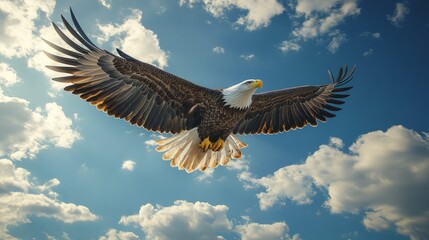 Obraz premium Realistic, majestic Bald Eagle soaring under a bright blue sky with a flowing American flag beneath, vertical orientation for elections
