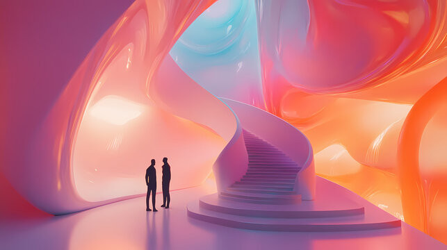 Two figures stand on a spiraling staircase in a futuristic, abstract, and cavernous space with swirling, luminous walls. Cavernous. Illustration