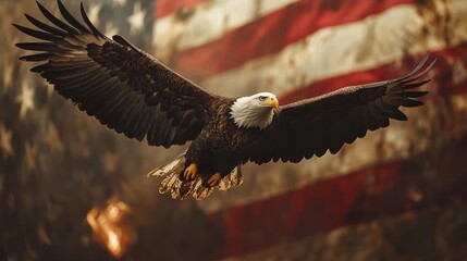 Naklejka premium Realistic, powerful Bald Eagle soaring against a dramatic American flag waving in the background, vertical composition, symbolic and bold