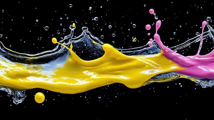 Fototapeta premium Vibrant splashes of colored liquid create dynamic shapes against a dark background