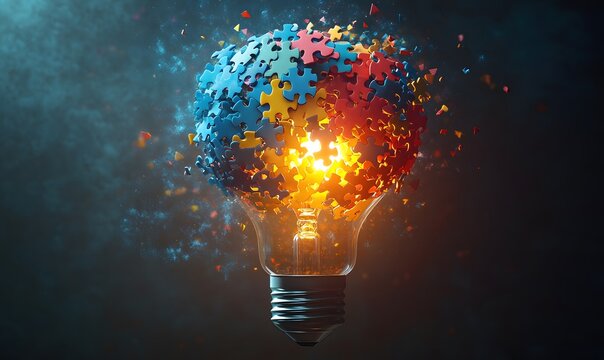 A lightbulb composed of vibrant puzzle pieces with some pieces exploding outward
