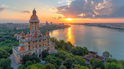 A scenic sunset view over a river with historic architecture and lush greenery.