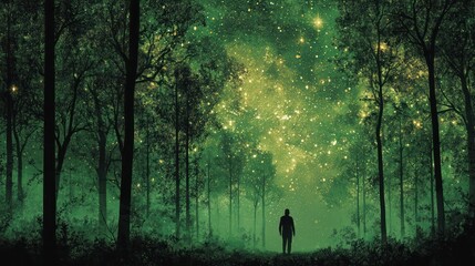 A person walks in a mystic, green forest under a starry sky.