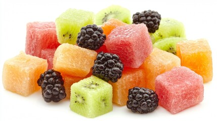 Colorful assortment of diced fruits includes watermelon, kiwi, and blackberries arranged attractively