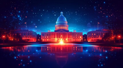 Obraz premium Realistic, classic Presidential Inauguration 2025 banner, vibrant hues of red, white, and blue, iconic U.S. symbols, unity message