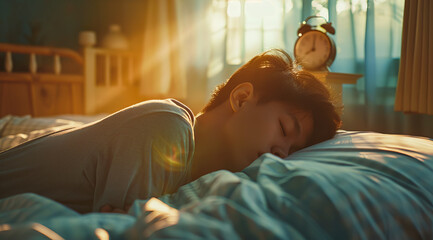 Obraz premium A serene moment captured as a young Asian man peacefully sleeps in bed, bathed in morning sunlight with an alarm clock nearby.
