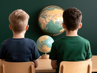 Children learning geography classroom educational content indoor rear view global awareness