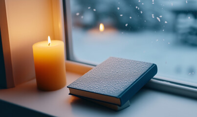 Winter mockup of a blank book cover resting on a snowy windowsill, with frost patterns on the glass...