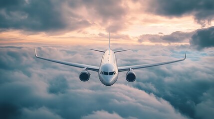Fototapeta premium Airplane flying above clouds at sunset. Concept of travel, journey, and adventure.