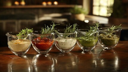 Fototapeta premium Variety of fresh sauces served in glass bowls with herbs on wooden table in cozy restaurant setting