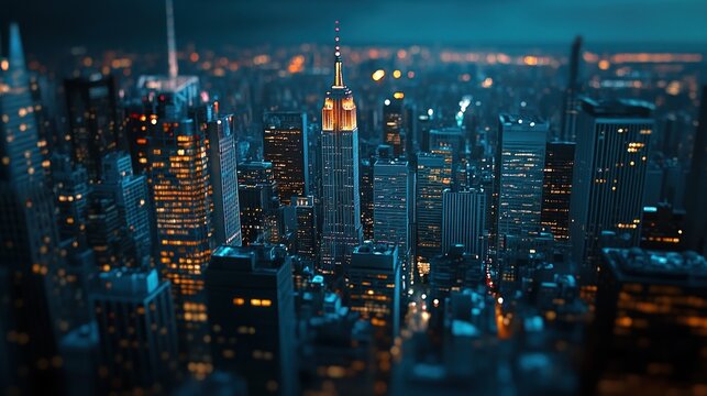 Cityscape at night with illuminated skyscrapers, tilt shift effect.
