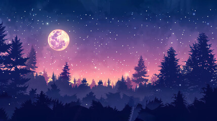 Naklejka premium Full moon over a silhouetted pine forest at night.