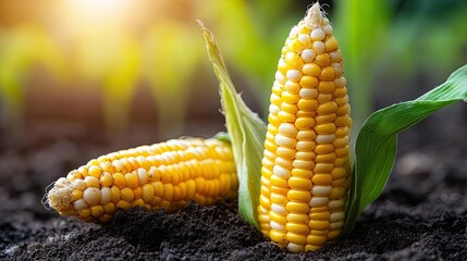 Freshly harvested corn ears in fertile soil during a sunny afternoon in a lush agricultural field