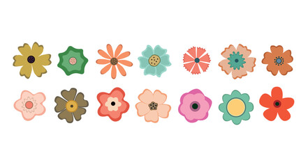 Colorful Flower Set
A collection of colorful hand-drawn flower illustrations in a flat design style. Each flower features unique shapes, patterns, and colors