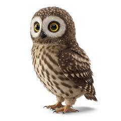 Fototapeta premium A realistic 3D rendering of a baby owl looking at the camera on a white background with a playful and curious mood